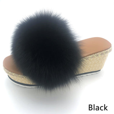 Women's Luxury Black Color Real Fox Fur Wedges Summer House Slipper  -  GeraldBlack.com