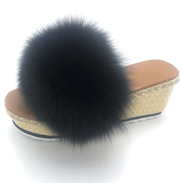 Women's Luxury Black Color Real Fox Fur Wedges Summer House Slipper  -  GeraldBlack.com