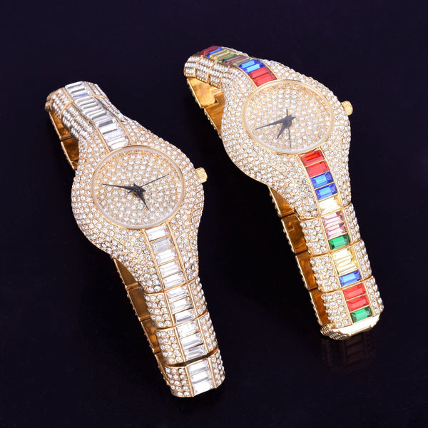 Women's Luxury Colourful Rhinestone Gold Dial Quartz Waterproof Watches - SolaceConnect.com
