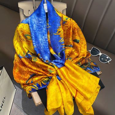 Women's Luxury Designer Sunflower Print Colorful Silk Soft Shawl  -  GeraldBlack.com