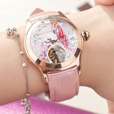 Women's Luxury Fashion Rose Gold Pink Dial Leather Strap Mechanical Watches  -  GeraldBlack.com