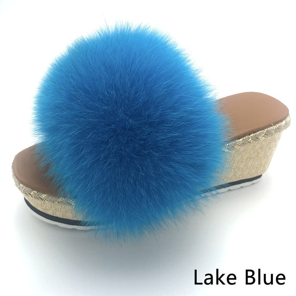Women's Luxury Lake Blue Color Real Fox Fur Wedges House Slippers  -  GeraldBlack.com