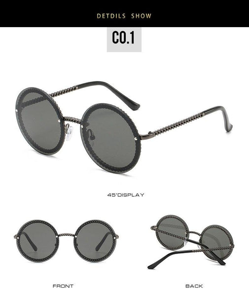 Women's Luxury Metal Chain Round Oversized Fashion Sunglasses - SolaceConnect.com
