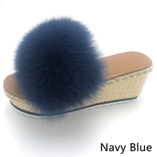 Women's Luxury Navy Blue Color Real Fox Fur Wedges House Slippers  -  GeraldBlack.com