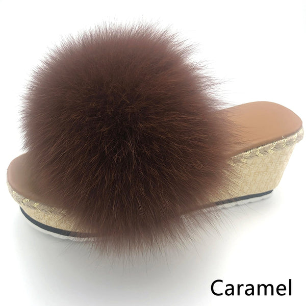 Women's Luxury Summer Real Fox Fur Caramel Color House Slippers  -  GeraldBlack.com