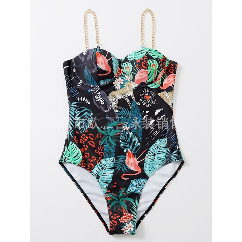 Women's Metal Strap Push Up Bra Printed Monokini Swimming Suit  -  GeraldBlack.com