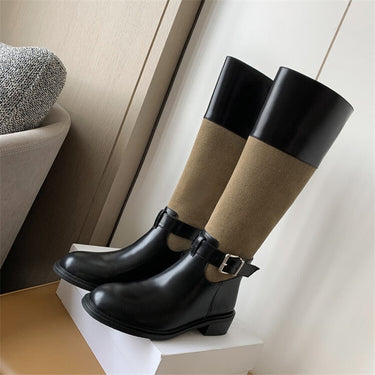 Women's Mixed Colors Knight Belt Buckle Knee-high Botines Back Zipper Patchwork Zapatos Round Toe Casual Botas  -  GeraldBlack.com