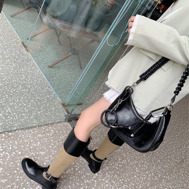 Women's Mixed Colors Knight Belt Buckle Knee-high Botines Back Zipper Patchwork Zapatos Round Toe Casual Botas  -  GeraldBlack.com