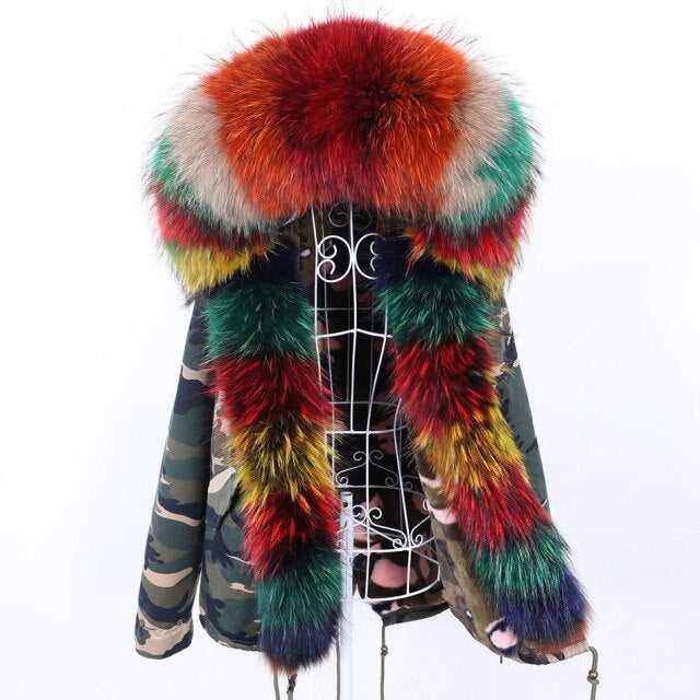 Women's Multicolor Natural Raccoon Fur Collared Camo Winter Jacket  -  GeraldBlack.com