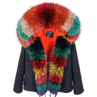 Women's Multicolor Racoon Fur Collared Full Sleeved Hooded Winter Jacket  -  GeraldBlack.com