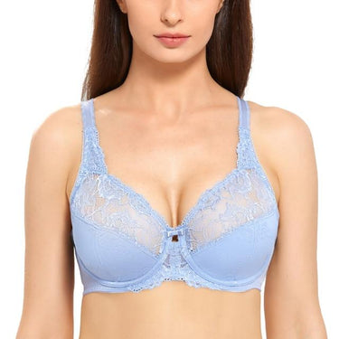 Women's Mystery Blue Floral Lace Full Figure Non Padded Minimizer Underwire Bra - SolaceConnect.com