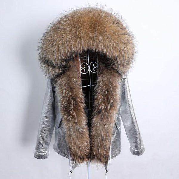 Women's Natural Fox Fur Collared Full Sleeves Thick and Warm Winter Jacket  -  GeraldBlack.com