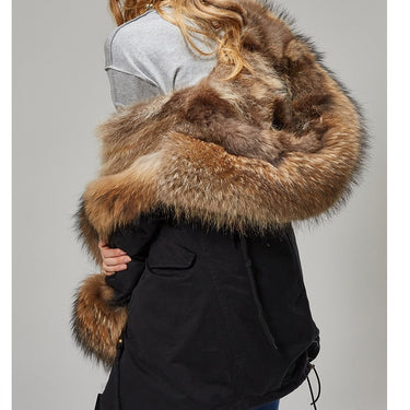 Women's Natural Raccoon Fur Collar and Sleeves Long Winter Jacket  -  GeraldBlack.com