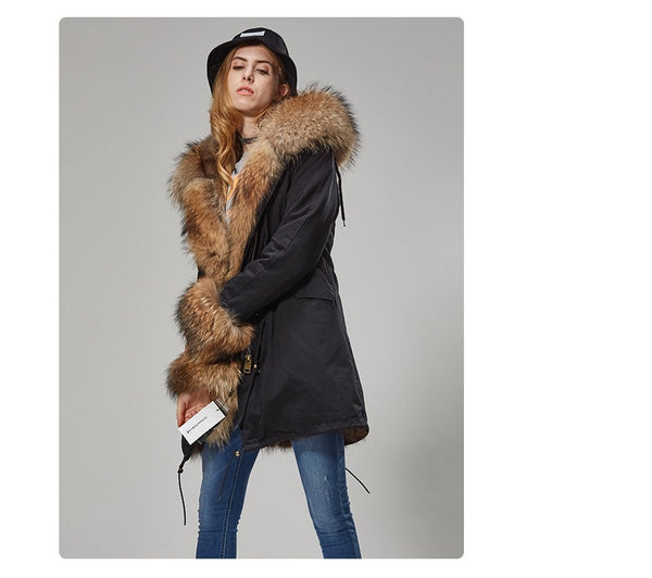 Women's Natural Raccoon Fur Collar and Sleeves Long Winter Jacket  -  GeraldBlack.com