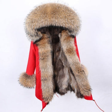 Women's Natural Raccoon Fur Collar Hood and Sleeves Long Winter Jacket  -  GeraldBlack.com