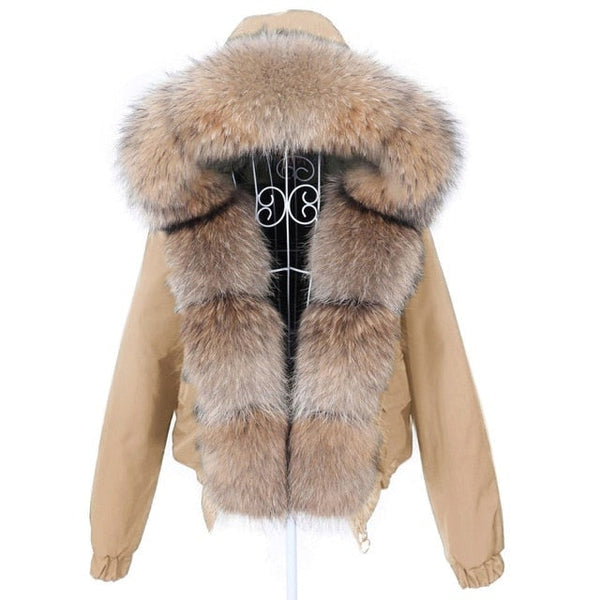 Women's Natural Raccoon Fur Collared Khaki Color Thick Winter Jacket  -  GeraldBlack.com