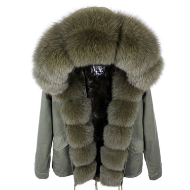 Women's Natural Raccoon Fur Collared Thick Winter Jacket in Slim Fit  -  GeraldBlack.com