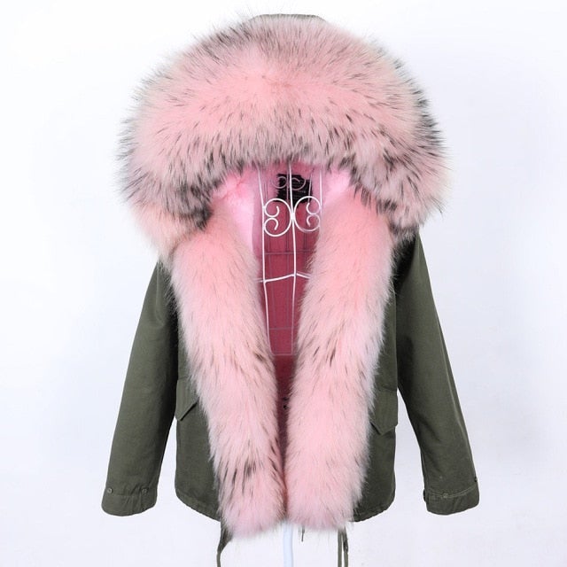 Women's Natural Raccoon Fur Collared Thick Winter Jacket with Zipper  -  GeraldBlack.com