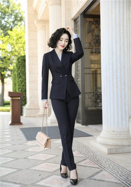 Women's Office Wear Striped Business Suits with Pants and Blazer