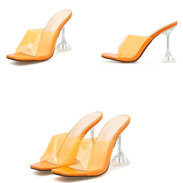 Women's Orange Silver PVC Jelly Transparent Perspex Open Toe High Heels - SolaceConnect.com
