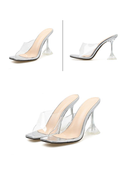 Women's Orange Silver PVC Jelly Transparent Perspex Open Toe High Heels - SolaceConnect.com