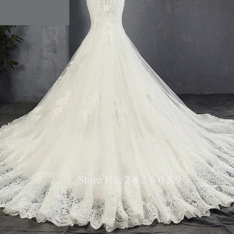 Women's Pearl Beaded Floor Length Wedding Dress with Lace Appliques  -  GeraldBlack.com