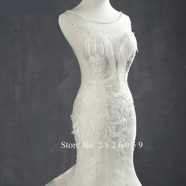 Women's Pearl Beaded Floor Length Wedding Dress with Lace Appliques  -  GeraldBlack.com