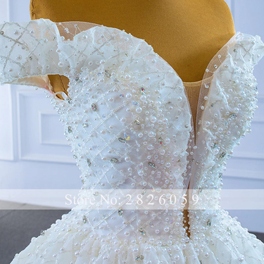Women's Pearls Beaded Floor Length Ball Gown Lace Wedding Dress  -  GeraldBlack.com
