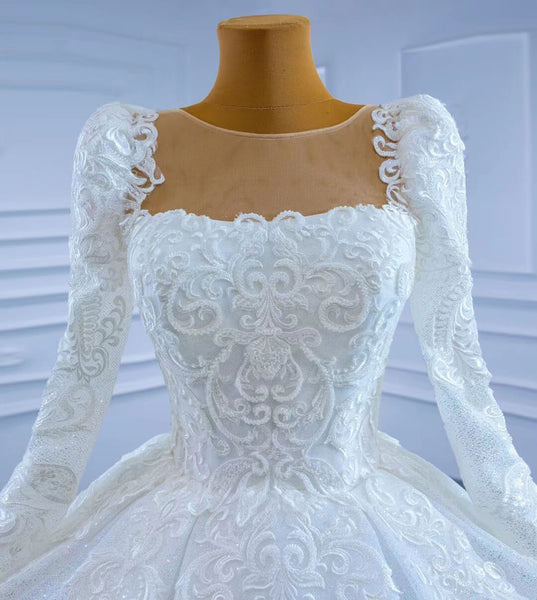 Women's Pearls Beaded Full Sleeves Floor Length Lace Wedding Dress  -  GeraldBlack.com