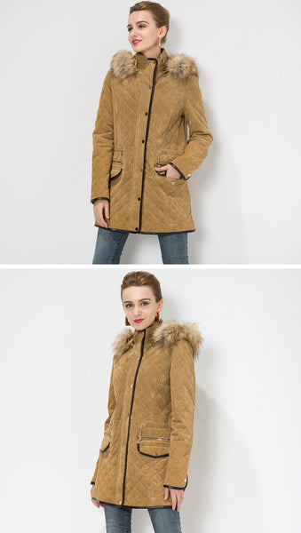 Women's Pigskin Detachable Hooded Faux fur Collar Leather Motorcycle Jacket - SolaceConnect.com