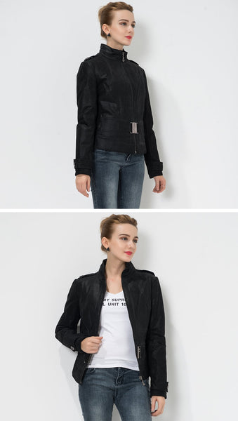 Women's Pigskin Real Slim Genuine Leather motorcycle jacket with belt - SolaceConnect.com