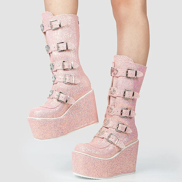 Women's Pink heart Buckle Zipper Mid Calf Platform Boots Thick Bottom Cool Goth Fashion Shoes  -  GeraldBlack.com