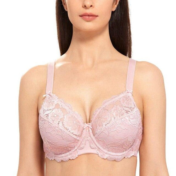 Women's Plus Size Beige Floral Lace Full Coverage Non-Foam Underwired Bra - SolaceConnect.com