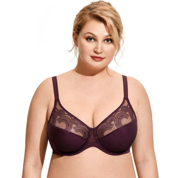 Women's Plus Size Blackberry Sheer Lace Full Coverage Unlined Underwire Bra - SolaceConnect.com