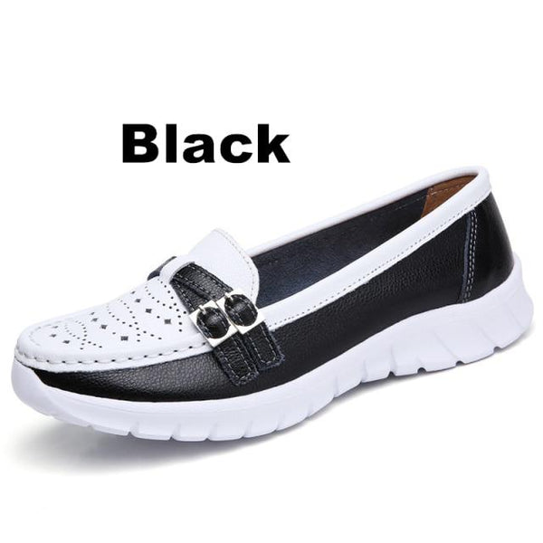 Women's Plus Size Genuine Leather Hollow EVA Slip-on Flats Moccasins Loafers - SolaceConnect.com