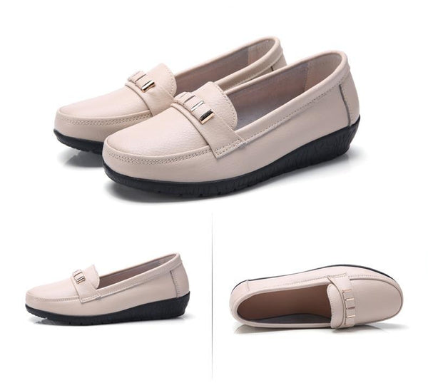 Women's Plus Size Genuine Leather Round Toe Slip-on Flats Loafers Shoes - SolaceConnect.com