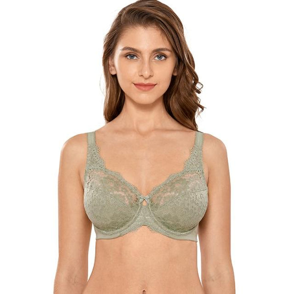 Women's Plus Size Olive Green Lace Non Padded Full Coverage Underwire Bra - SolaceConnect.com