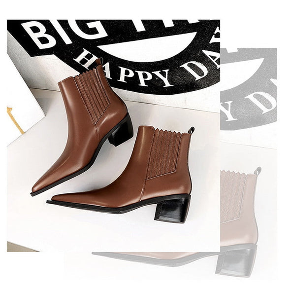 Women's Pointed Toe High Heel Wood Grain Versatile Short Knight Boots  -  GeraldBlack.com
