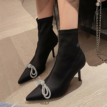 Women's Pointed Toe Slip-On Rhinestone Bow Elastic High-heeled Boots  -  GeraldBlack.com