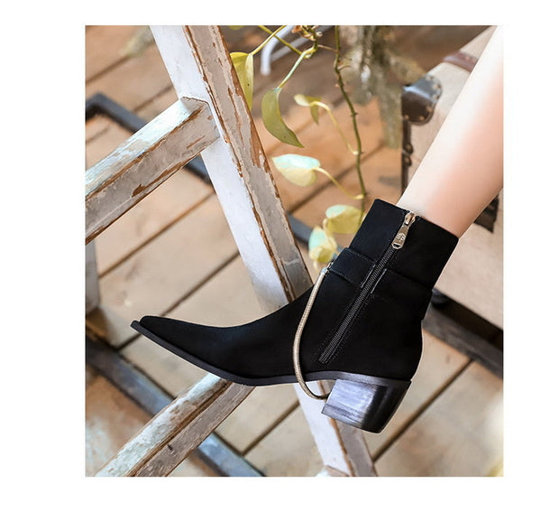 Women's Pointed Toe Thick High Heel Metal Chain Knight Short Boots  -  GeraldBlack.com