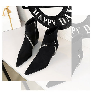 Women's Pointed Toe Thick High Heel Metal Chain Knight Short Boots  -  GeraldBlack.com