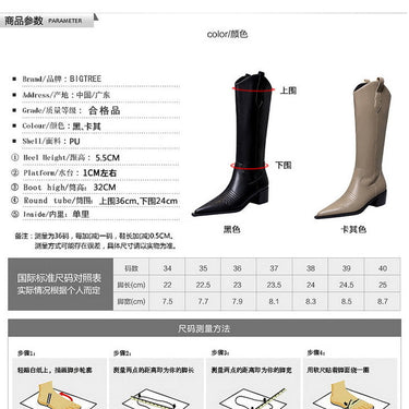 Women's Pointed Toe Thick High Heel Wood Grain Head Wind Knight Boots  -  GeraldBlack.com