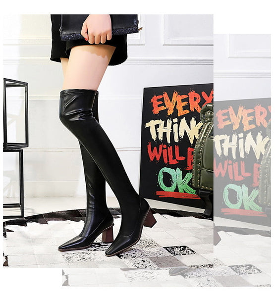 Women's Pointed Toe Wind Wood Grain High Heel Sexy Over Knee Boots  -  GeraldBlack.com