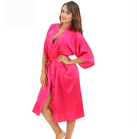Women's Polyester Satin Solid Color Knee-Length Kimono Bath Robe with Belt - SolaceConnect.com