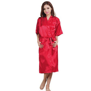Women's Polyester Satin Solid Color Knee-Length Kimono Bath Robe with Belt - SolaceConnect.com