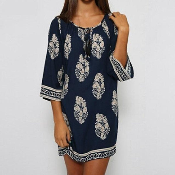 Women's Printed 3 and 4 Sleeve Lace Up Long Loose Casual Dress Tops - SolaceConnect.com