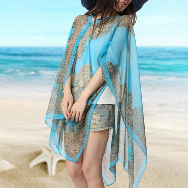 Women's Printed Poncho Shawl Bikini Cover Sunscreen Soft Beach Scarf - SolaceConnect.com