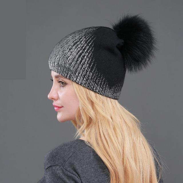 Women's Raccoon Winter Fur Knitted Wool Warm Beanie Hats with Pom Pom - SolaceConnect.com