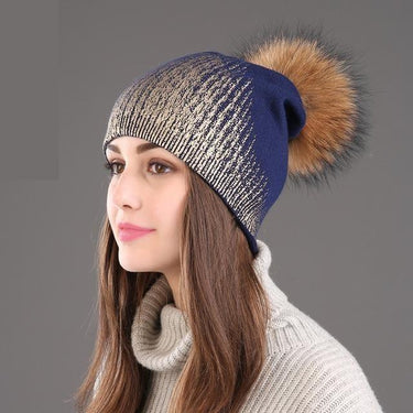 Women's Raccoon Winter Fur Knitted Wool Warm Beanie Hats with Pom Pom - SolaceConnect.com