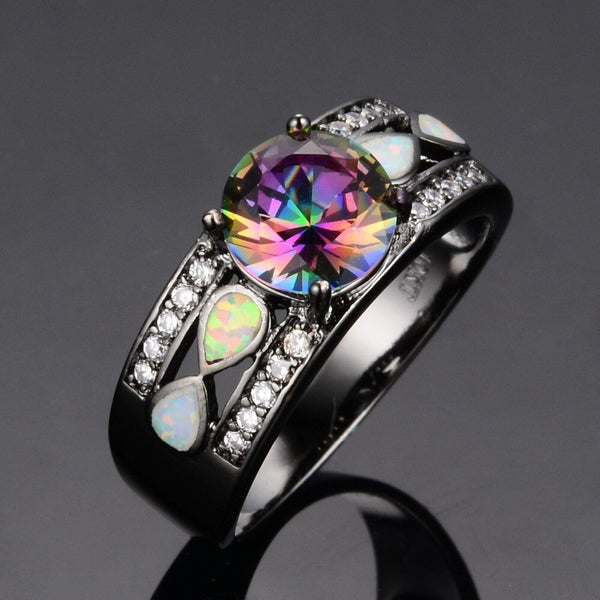 Women's Rainbow Opal Black Gold Filled Wedding Ring with Colorful CZ  -  GeraldBlack.com